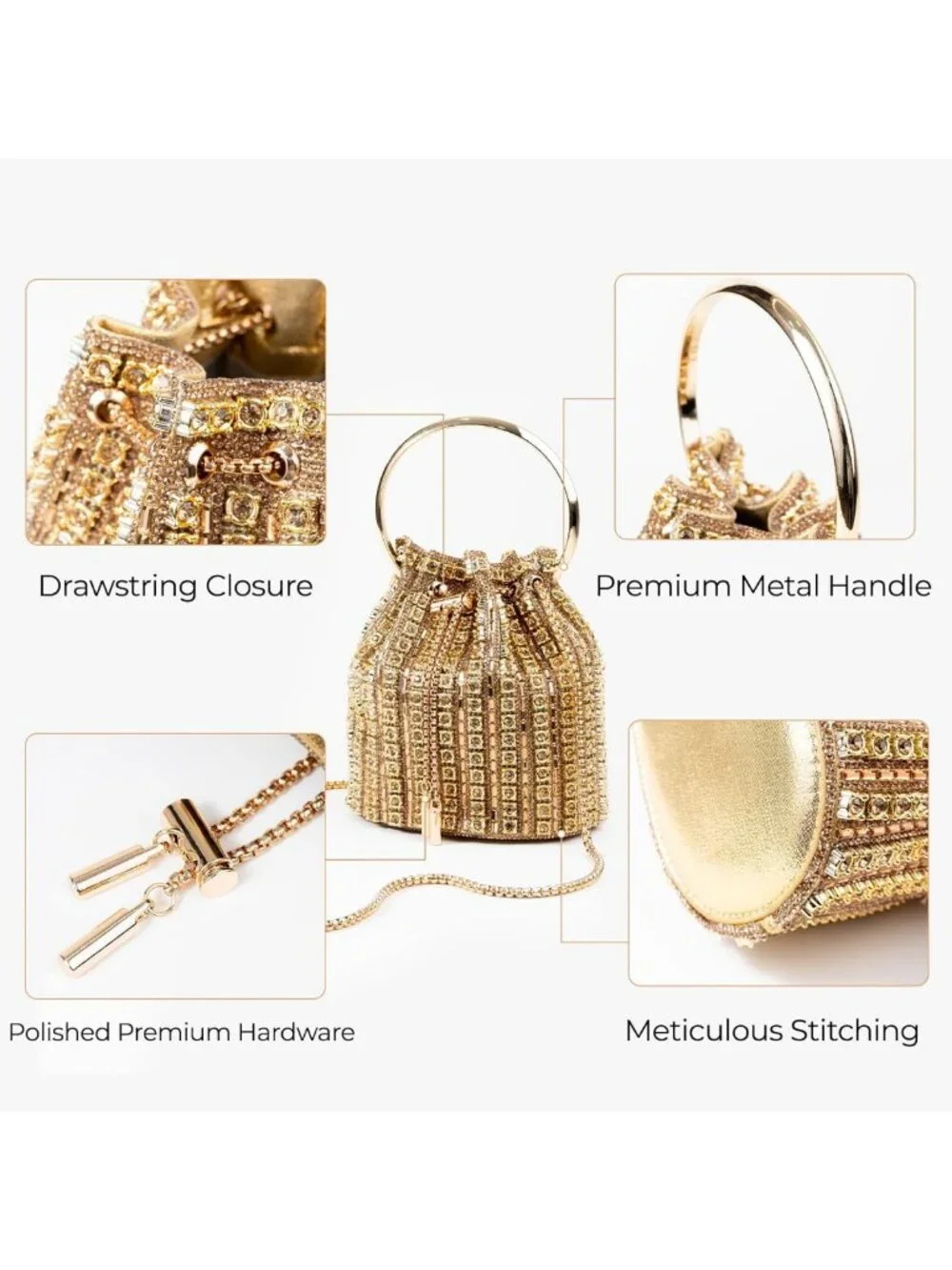 Embellished Bucket Bag with Ring Handle, Multicolor Rhinestones & Gold Chain